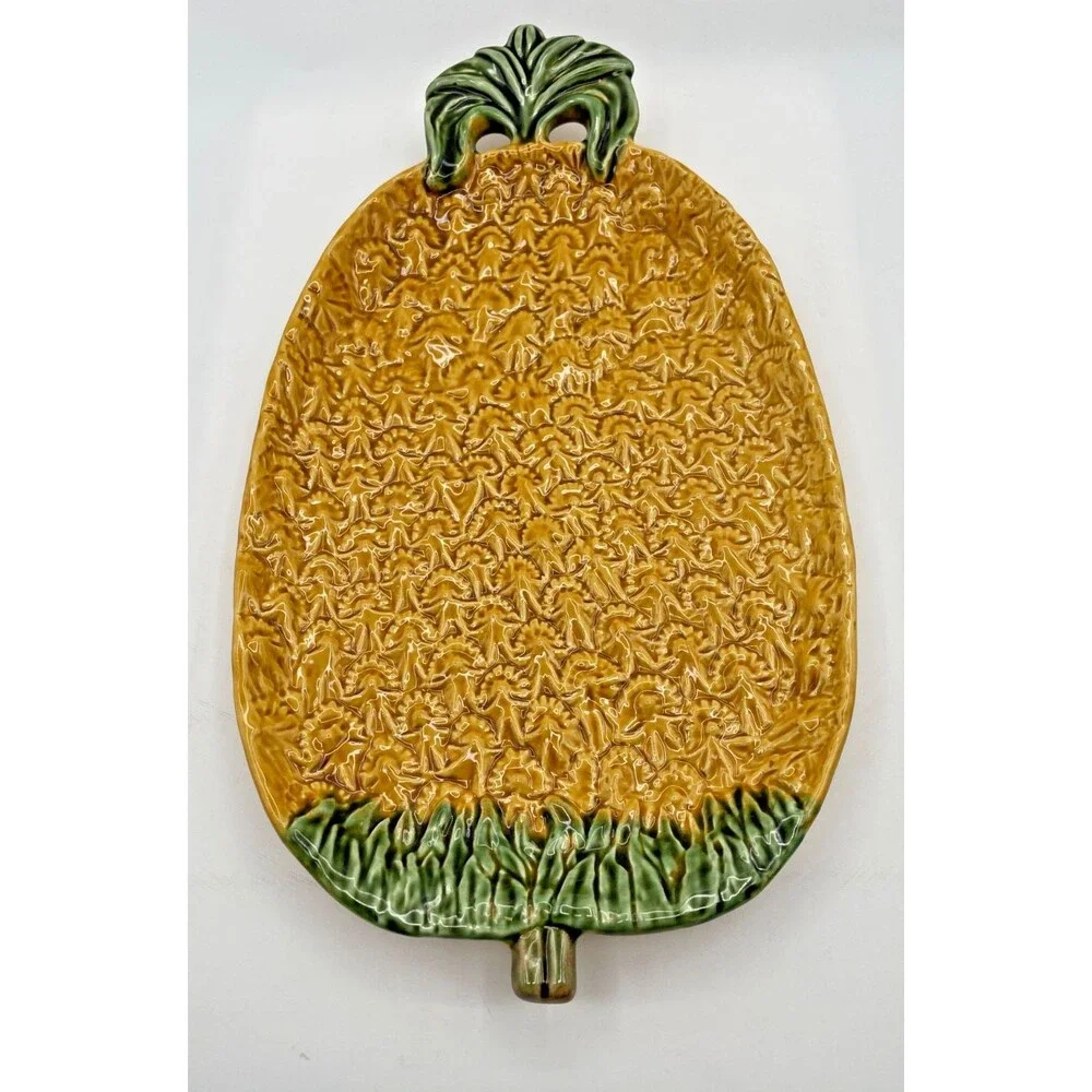 Olfaire Large Majolica Pineapple Plate Dish Serving Tray 15x9 Made in Portugal